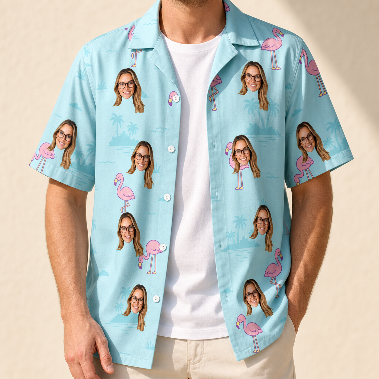 Man wearing Men's Blush Birds Custom Face Hawaiian Shirt open over a white tee