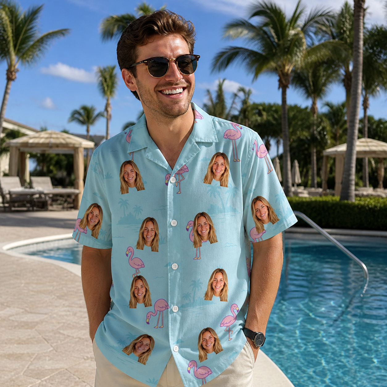 Real-life photo of someone wearing Men's Blush Birds Custom Face Hawaiian Shirt — custom faces printed all-over