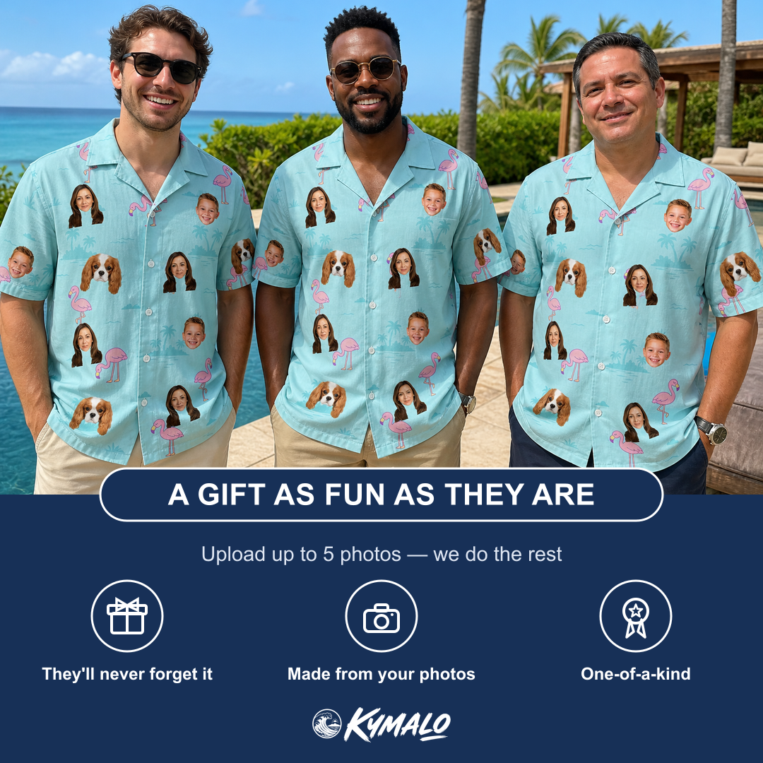 Friends in matching Men's Blush Birds Custom Face Hawaiian Shirt — a group gift photo