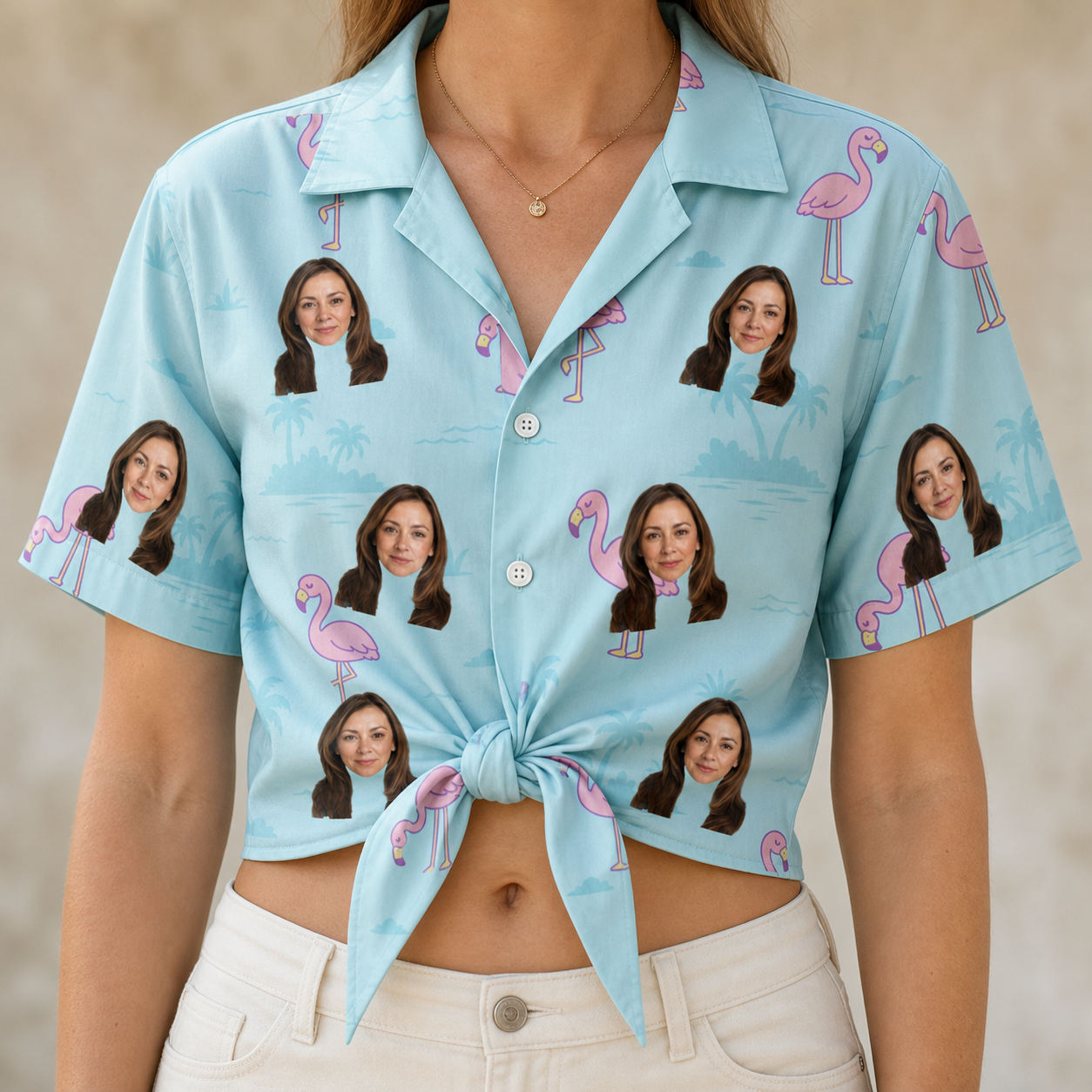 Woman wearing Women's Blush Birds Custom Face Hawaiian Shirt tied at the waist
