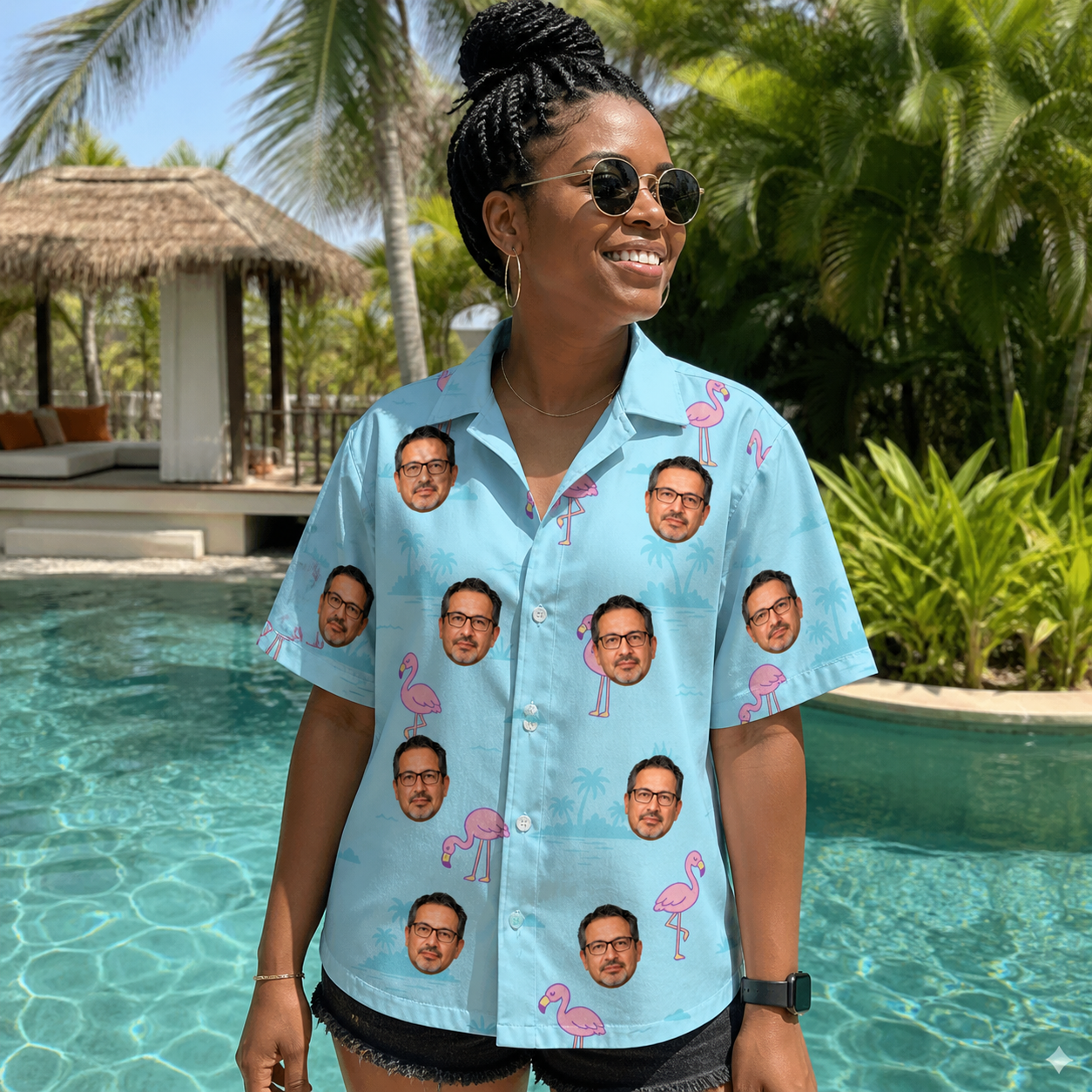 Real-life photo of someone wearing Women's Blush Birds Custom Face Hawaiian Shirt — custom faces printed all-over