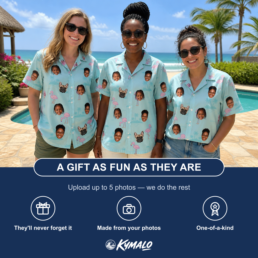 Friends in matching Women's Blush Birds Custom Face Hawaiian Shirt — a group gift photo