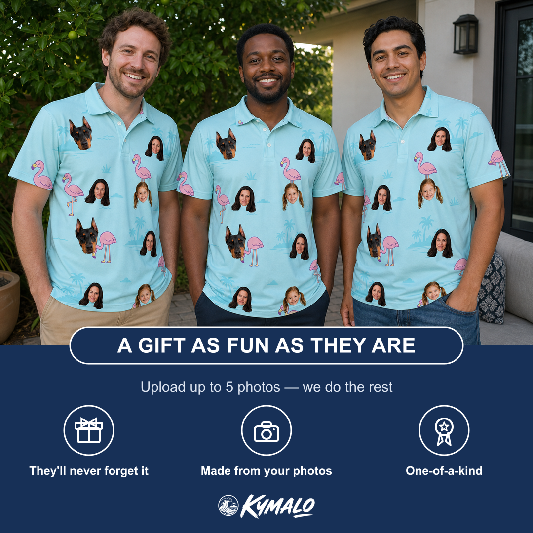 Friends in matching Men's Blush Birds Custom Face Polo Shirt — a group gift photo