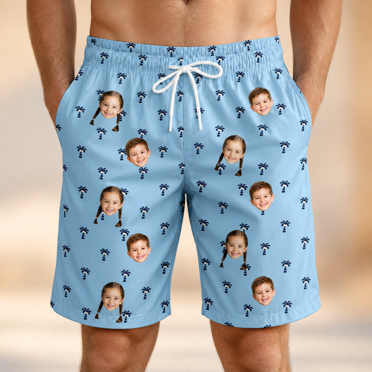 Model wearing Men's Palm Parasol Custom Face Beach Shorts printed with kids' faces