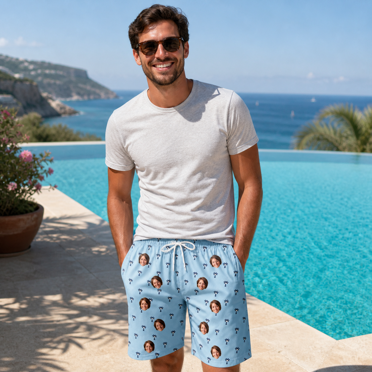 Real-life photo of someone wearing Men's Palm Parasol Custom Face Beach Shorts — custom faces printed all-over