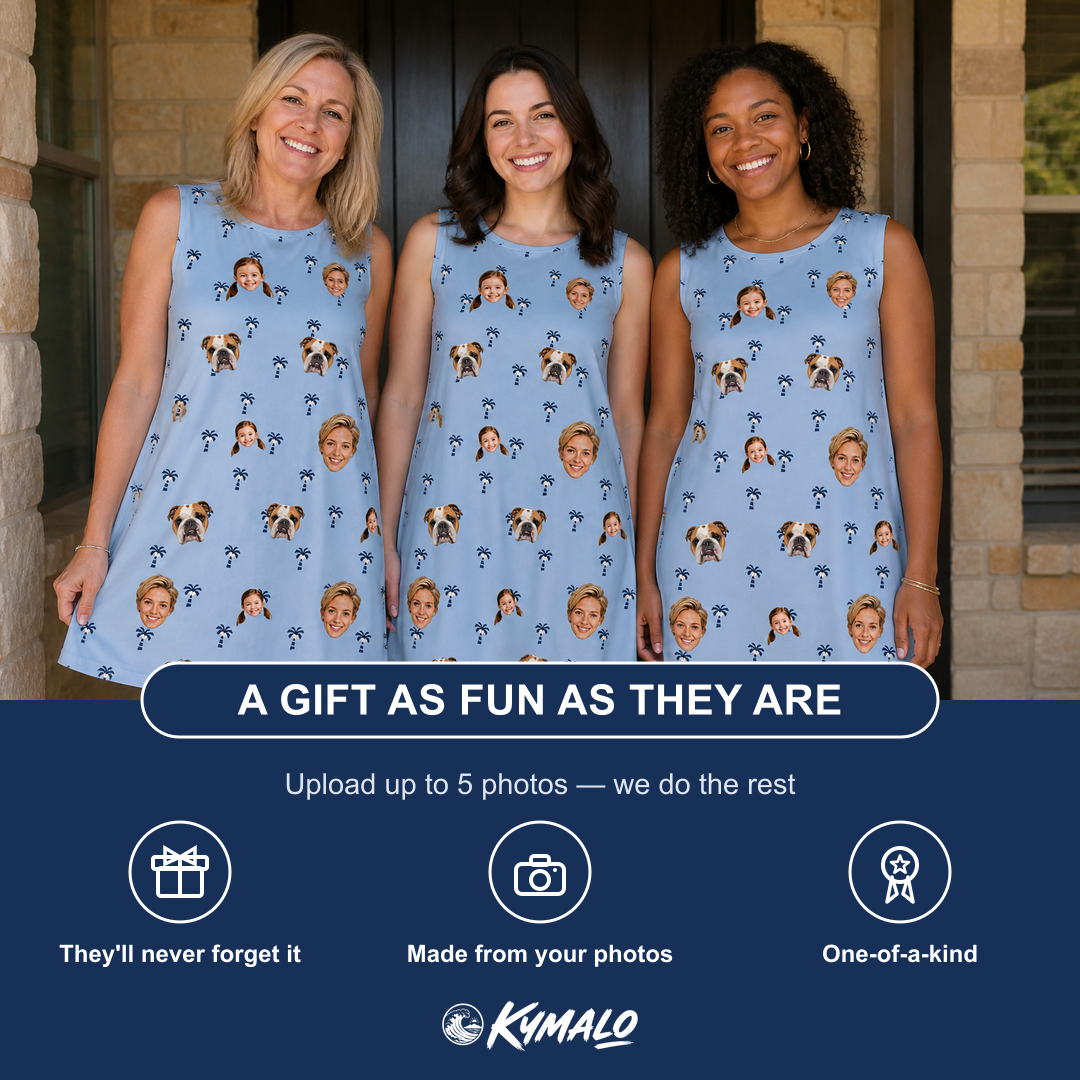 Friends in matching Women's Palm Parasol Custom Face Tank Dress — a group gift photo