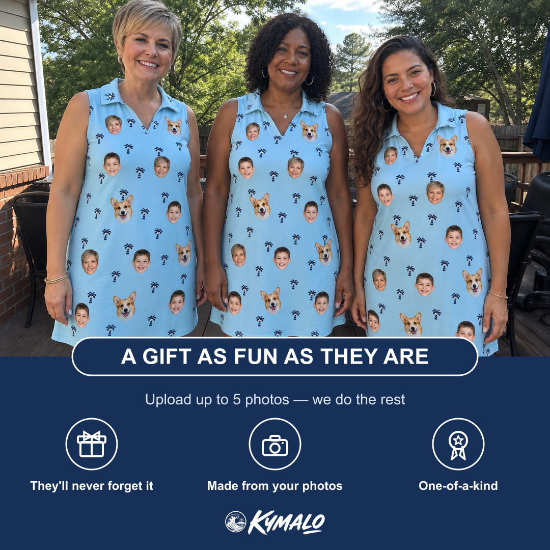 Friends in matching Women's Palm Parasol Custom Face V-Neck Dress — a group gift photo