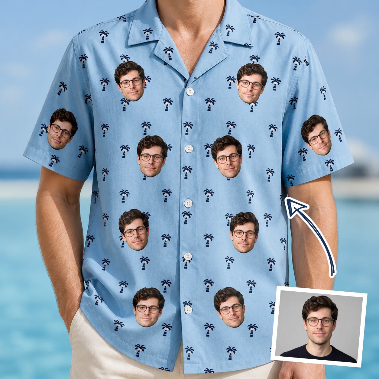 Man wearing Men's Palm Parasol Custom Face Hawaiian Shirt — custom faces printed all-over