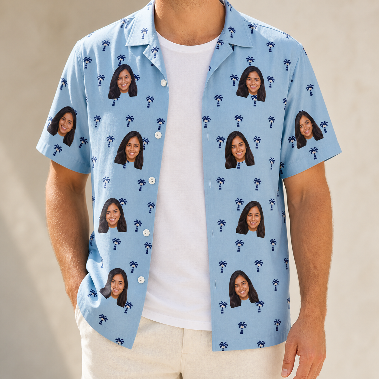Man wearing Men's Palm Parasol Custom Face Hawaiian Shirt open over a white tee