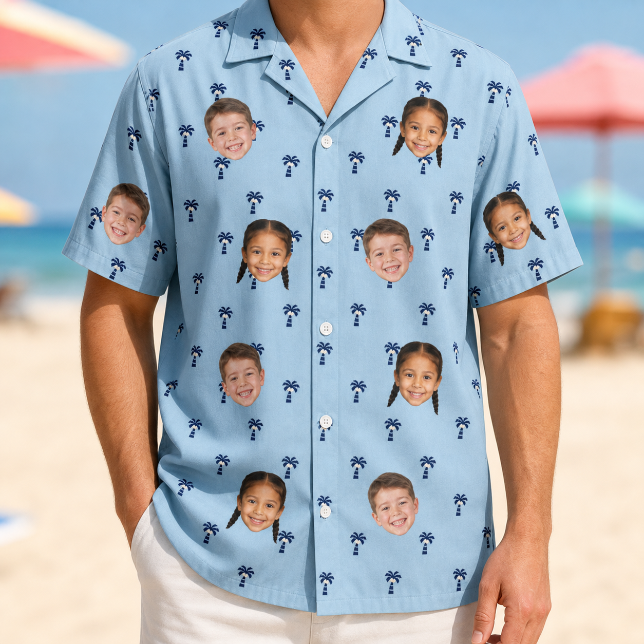Model wearing Men's Palm Parasol Custom Face Hawaiian Shirt printed with kids' faces