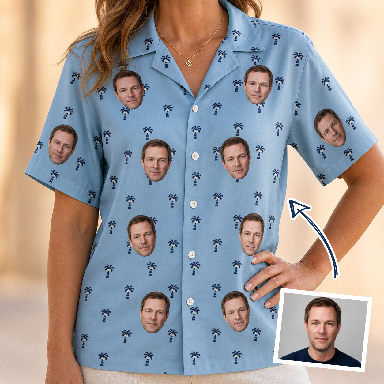 Woman wearing Women's Palm Parasol Custom Face Hawaiian Shirt — custom faces printed all-over