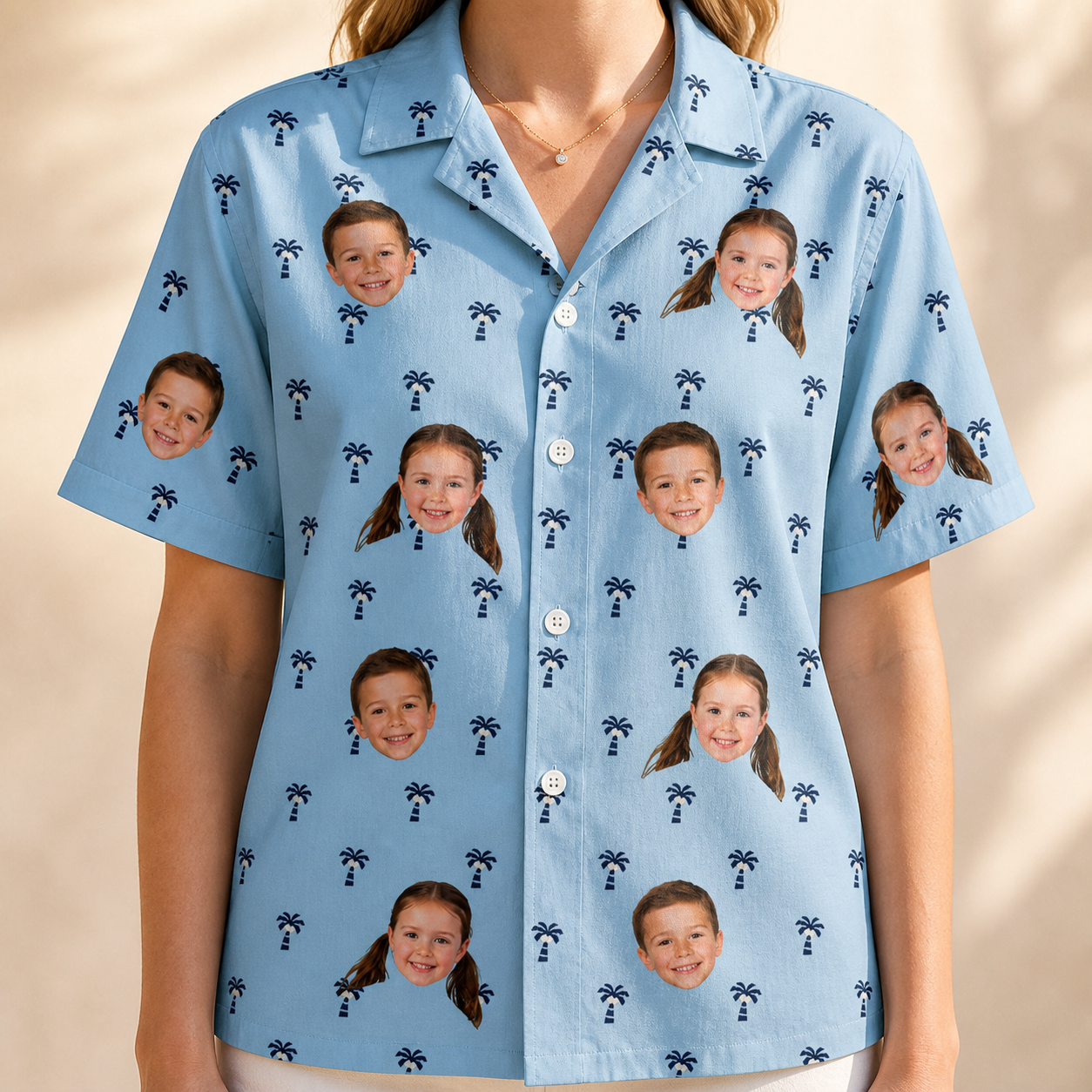 Model wearing Women's Palm Parasol Custom Face Hawaiian Shirt printed with kids' faces