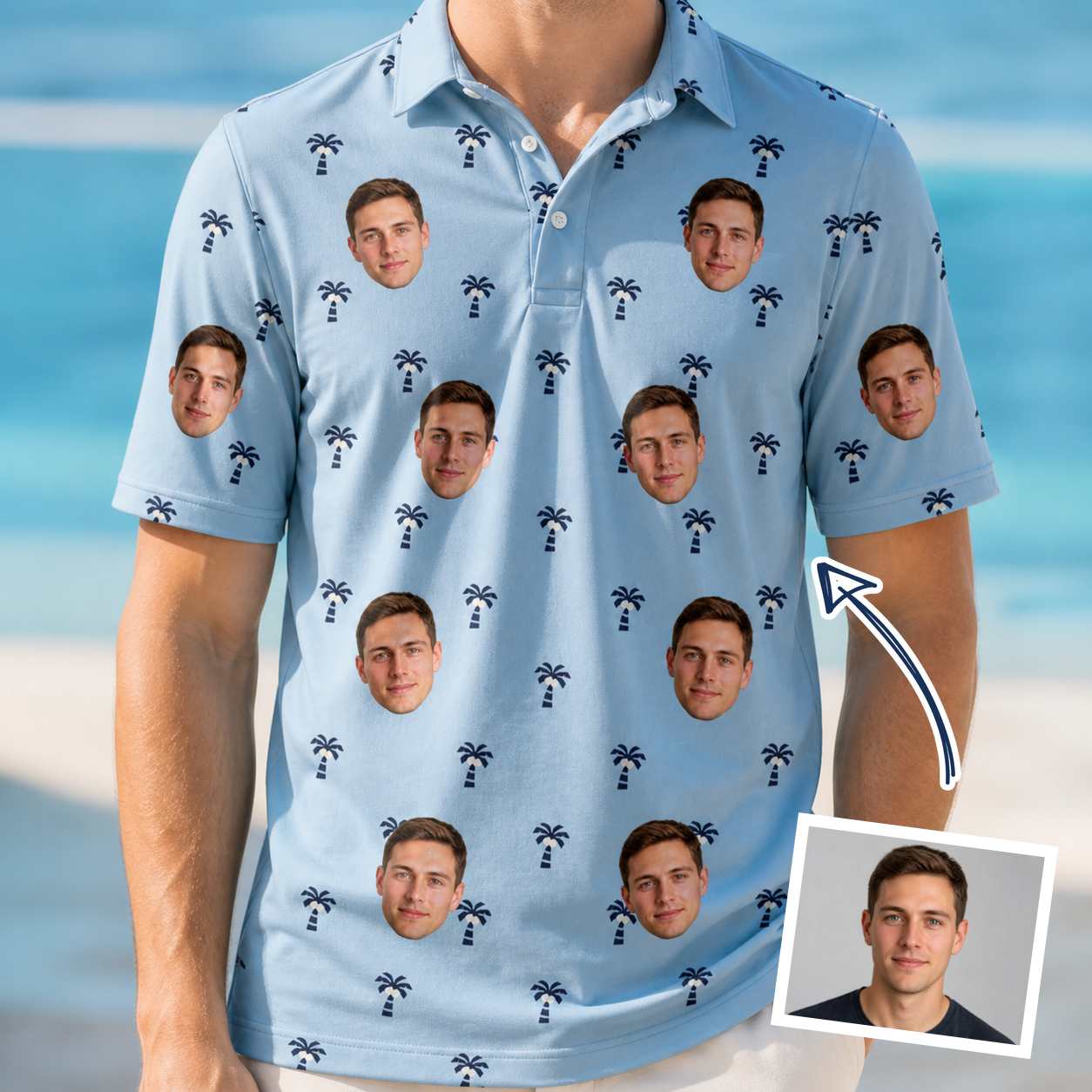 Man wearing Men's Palm Parasol Custom Face Polo Shirt — custom faces printed all-over