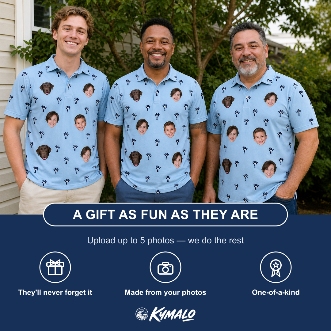 Friends in matching Men's Palm Parasol Custom Face Polo Shirt — a group gift photo