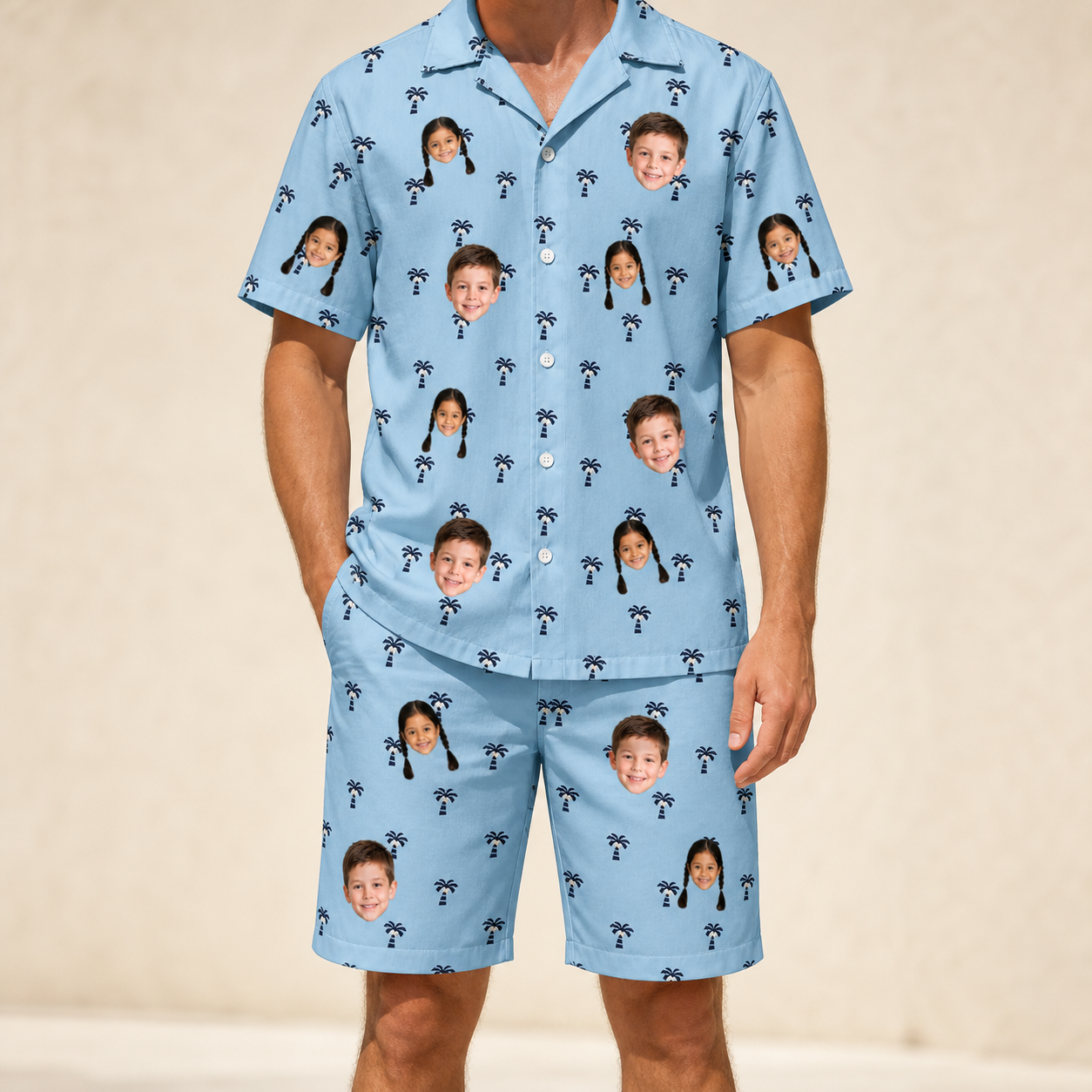 Model wearing Men's Palm Parasol Custom Face Shirt & Shorts Set printed with kids' faces