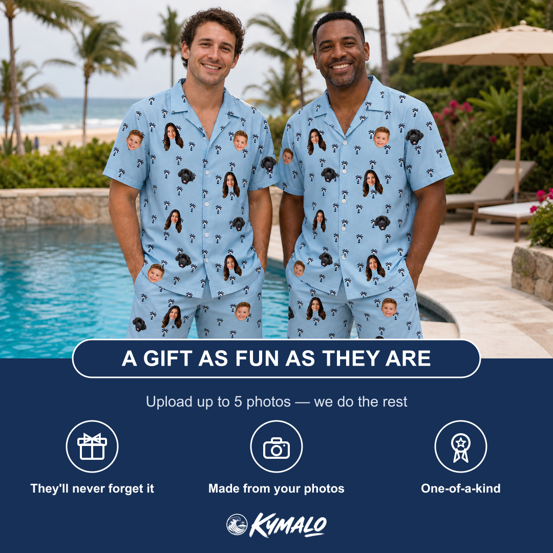 Friends in matching Men's Palm Parasol Custom Face Shirt & Shorts Set — a group gift photo