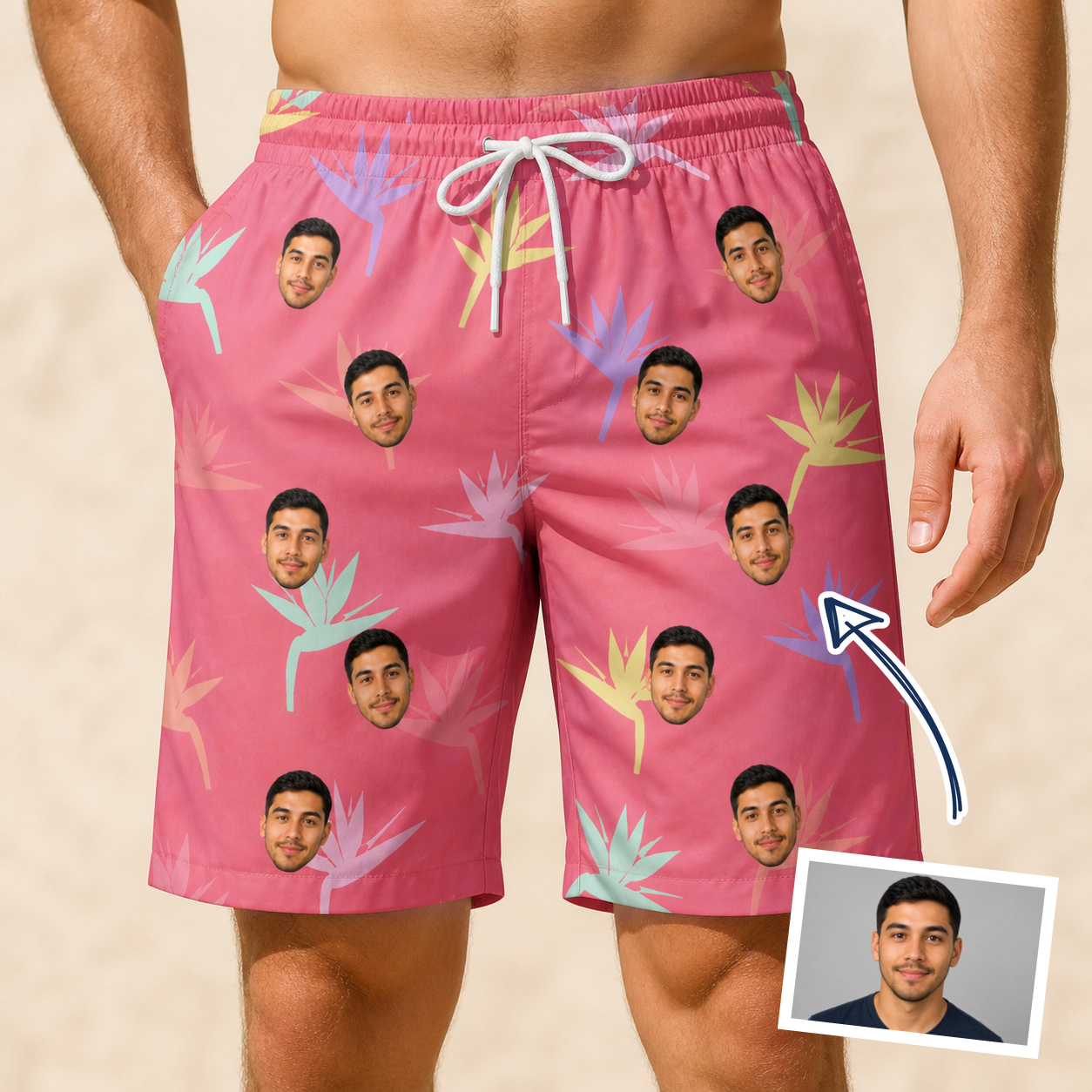 Man wearing Men's Paradise Punch Custom Face Beach Shorts — custom faces printed all-over