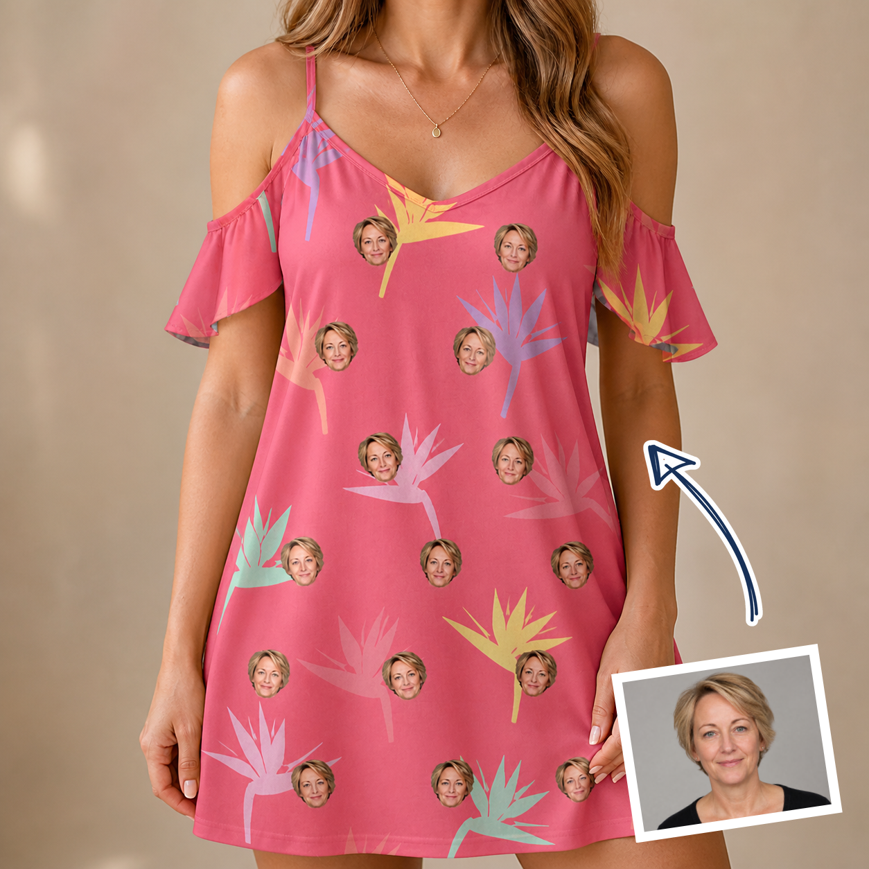 Woman wearing Women's Paradise Punch Custom Face Off-Shoulder Dress — custom faces printed all-over