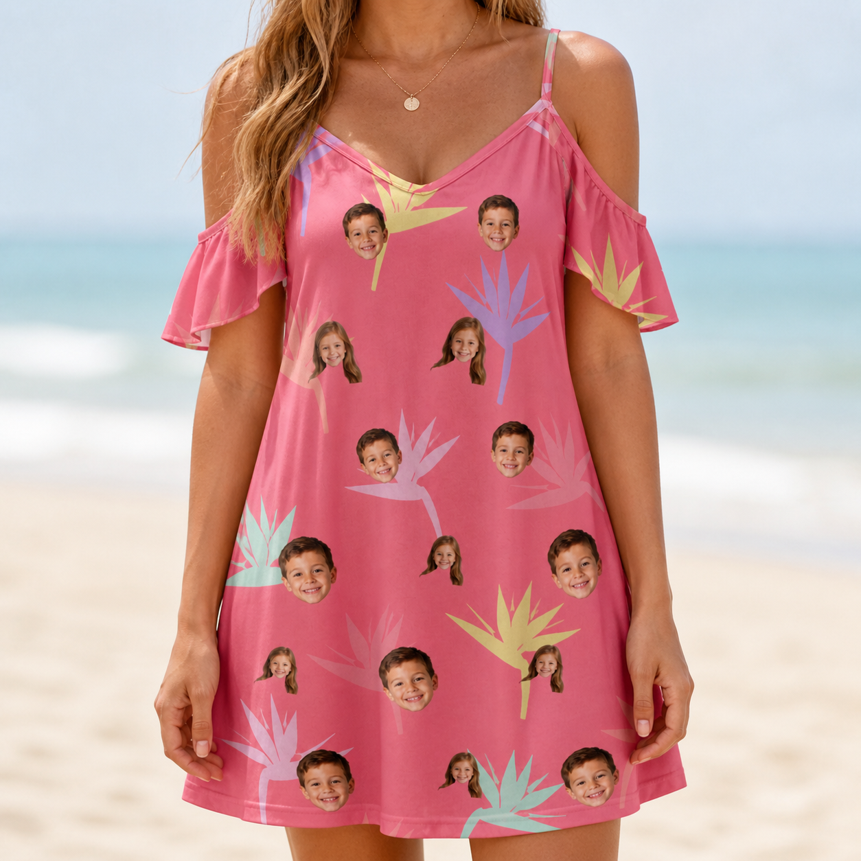 Model wearing Women's Paradise Punch Custom Face Off-Shoulder Dress printed with kids' faces
