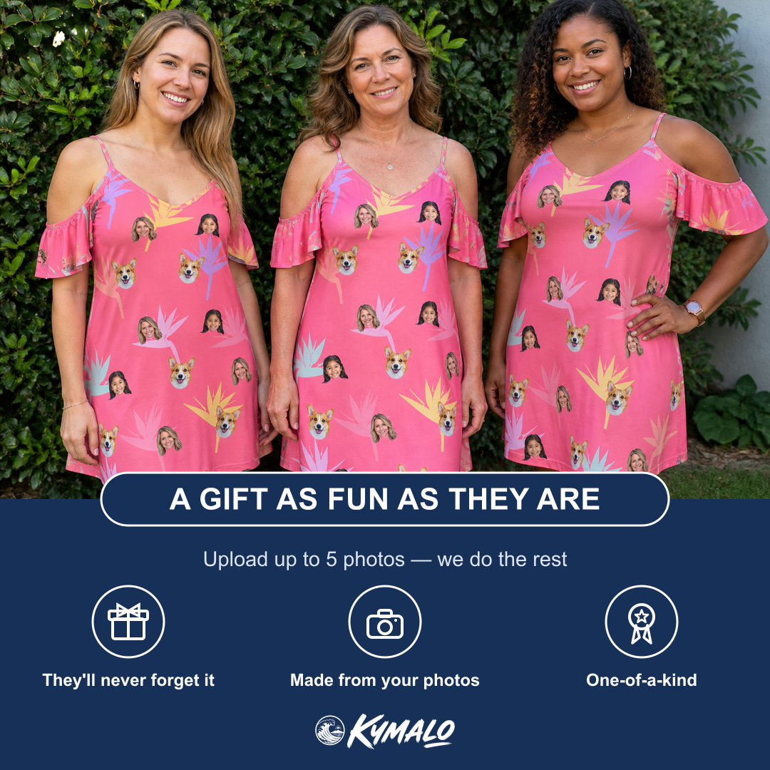 Friends in matching Women's Paradise Punch Custom Face Off-Shoulder Dress — a group gift photo