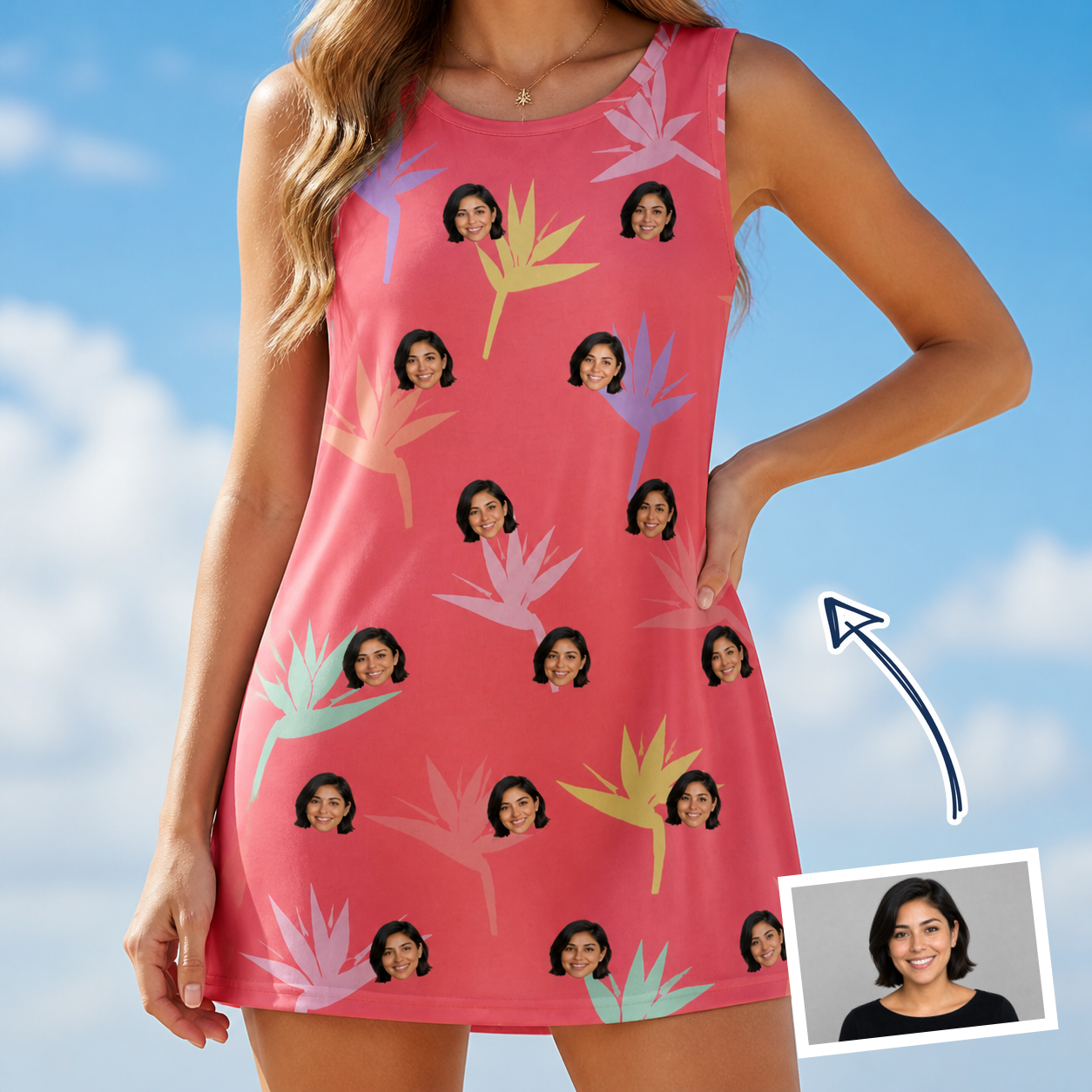 Woman wearing Women's Paradise Punch Custom Face Tank Dress — custom faces printed all-over