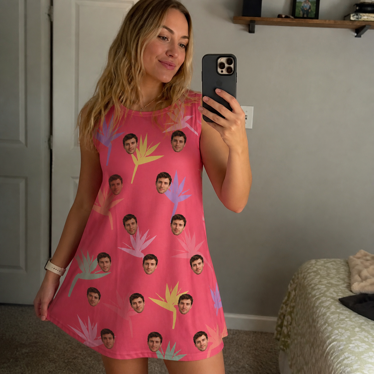 Real-life photo of someone wearing Women's Paradise Punch Custom Face Tank Dress — custom faces printed all-over