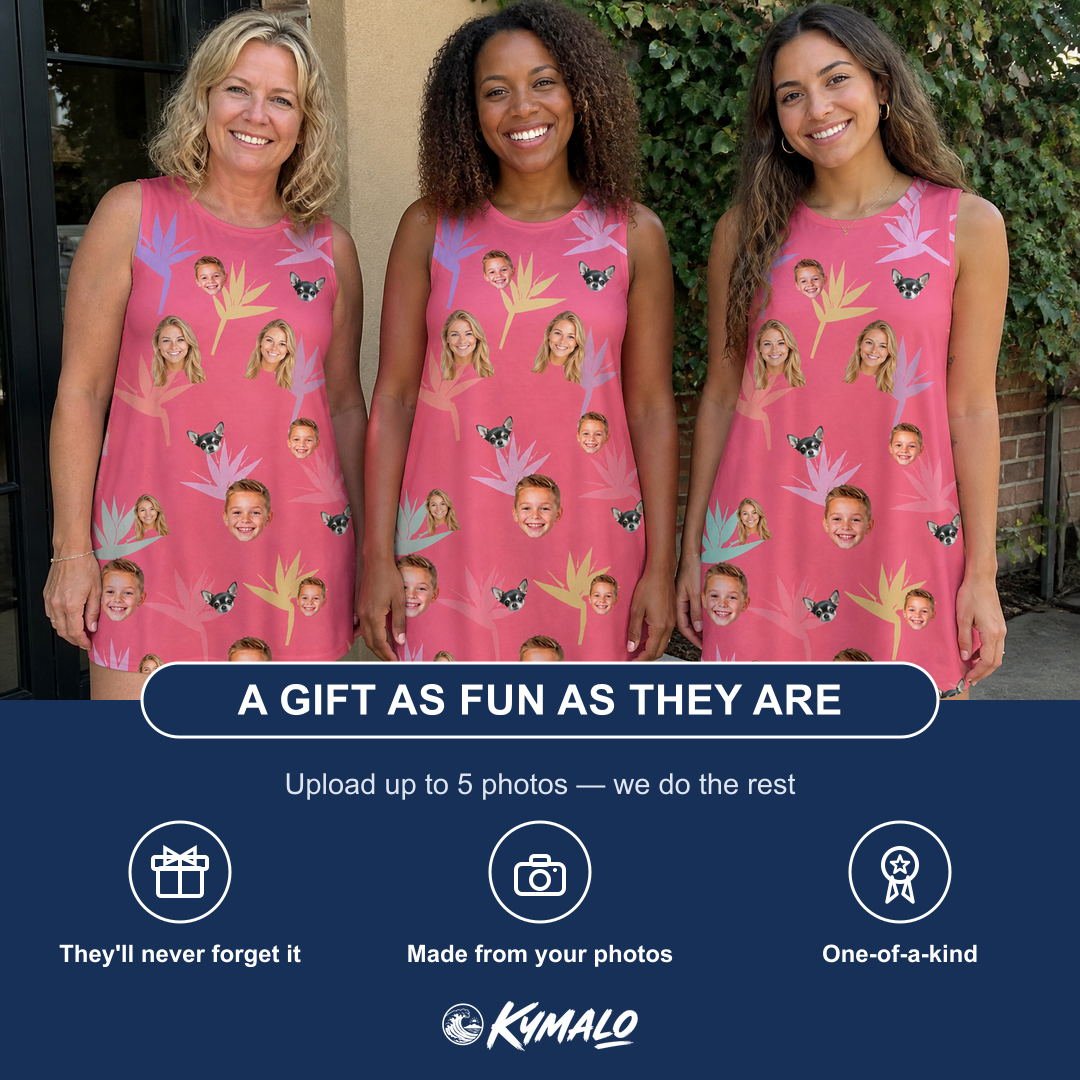 Friends in matching Women's Paradise Punch Custom Face Tank Dress — a group gift photo