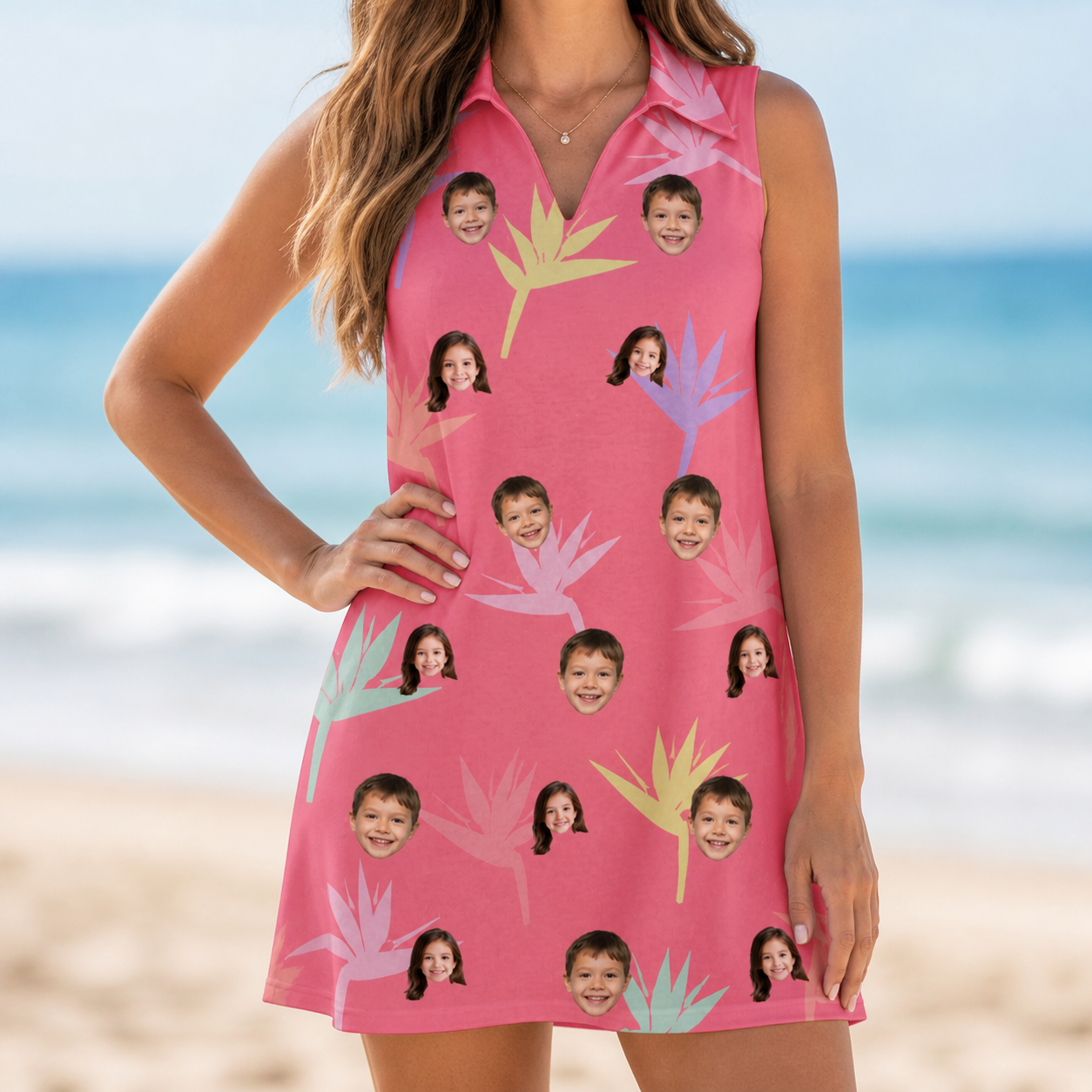Model wearing Women's Paradise Punch Custom Face V-Neck Dress printed with kids' faces
