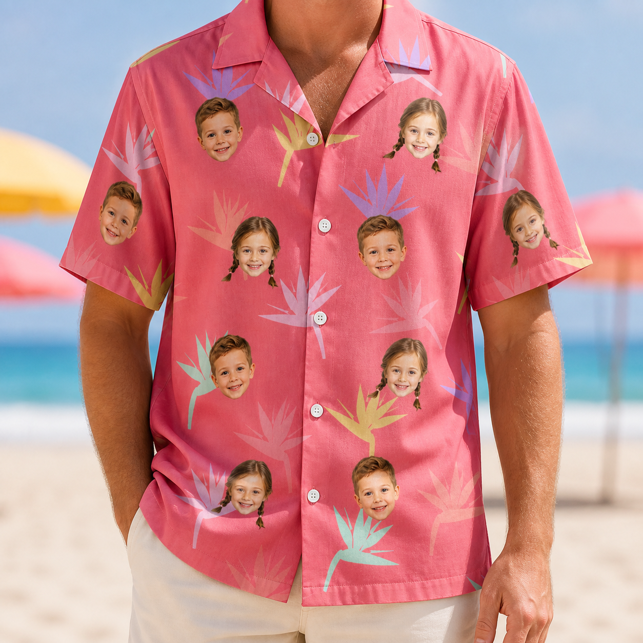 Model wearing Men's Paradise Punch Custom Face Hawaiian Shirt printed with kids' faces