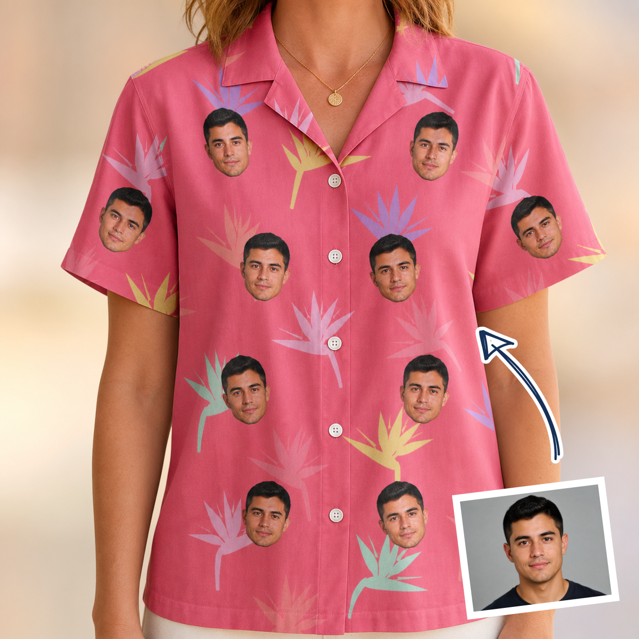 Woman wearing Women's Paradise Punch Custom Face Hawaiian Shirt — custom faces printed all-over