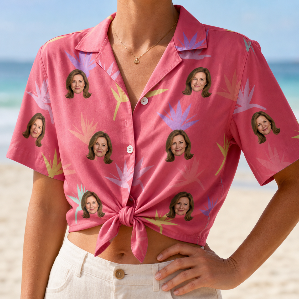 Woman wearing Women's Paradise Punch Custom Face Hawaiian Shirt tied at the waist