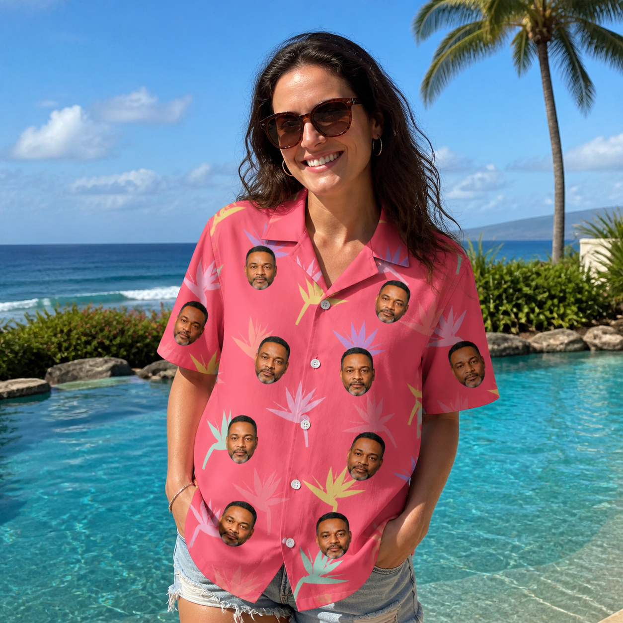 Real-life photo of someone wearing Women's Paradise Punch Custom Face Hawaiian Shirt — custom faces printed all-over