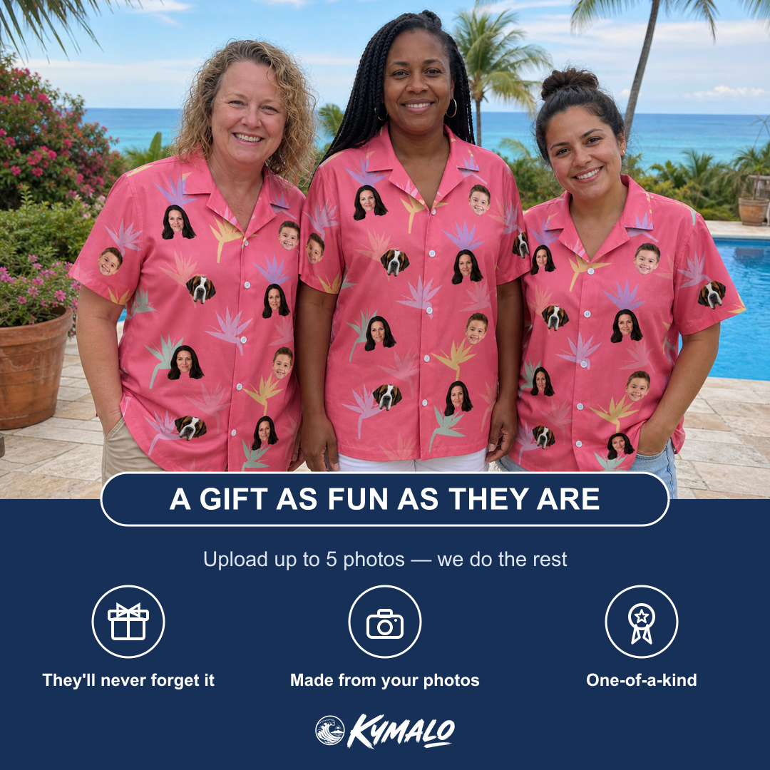 Friends in matching Women's Paradise Punch Custom Face Hawaiian Shirt — a group gift photo