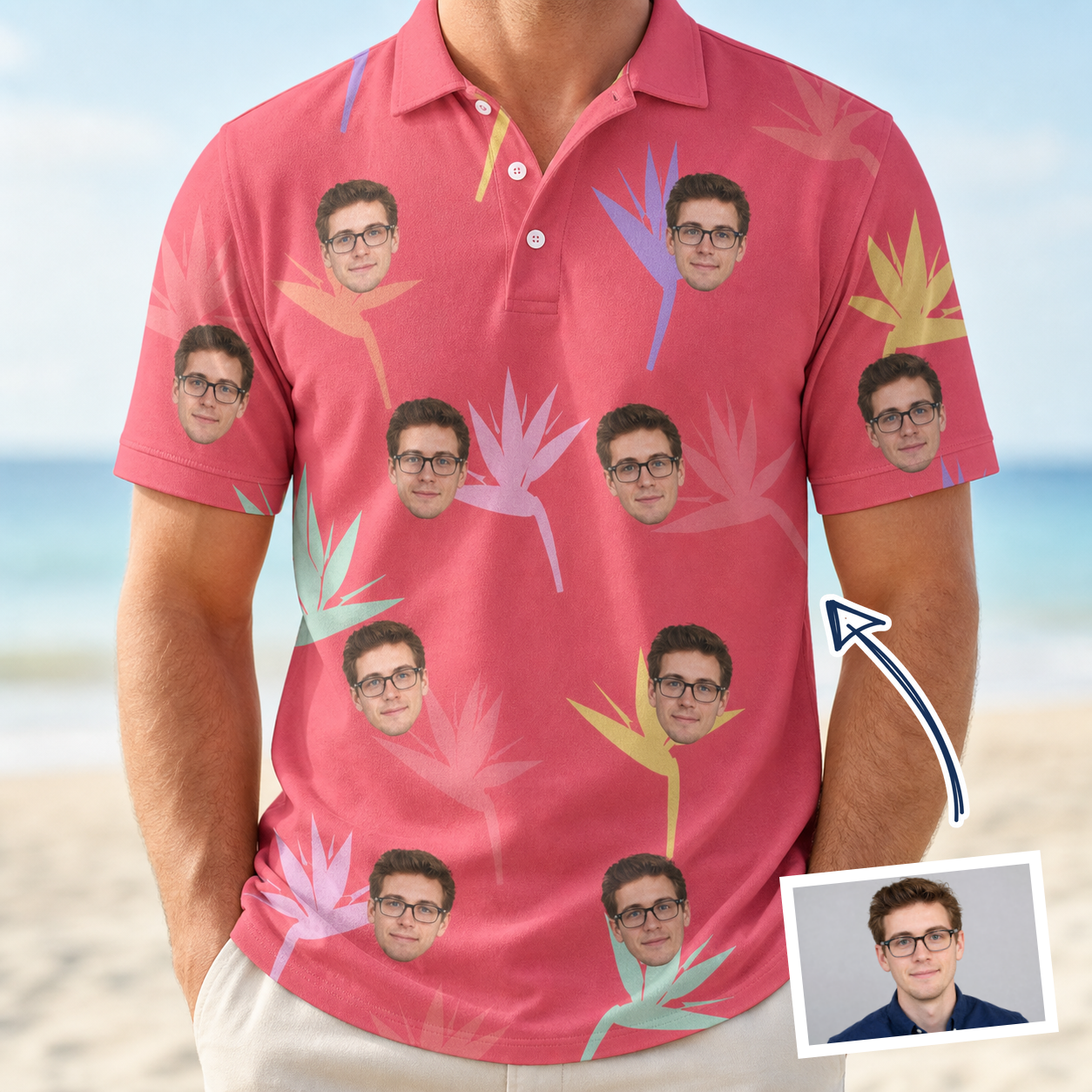Man wearing Men's Paradise Punch Custom Face Polo Shirt — custom faces printed all-over