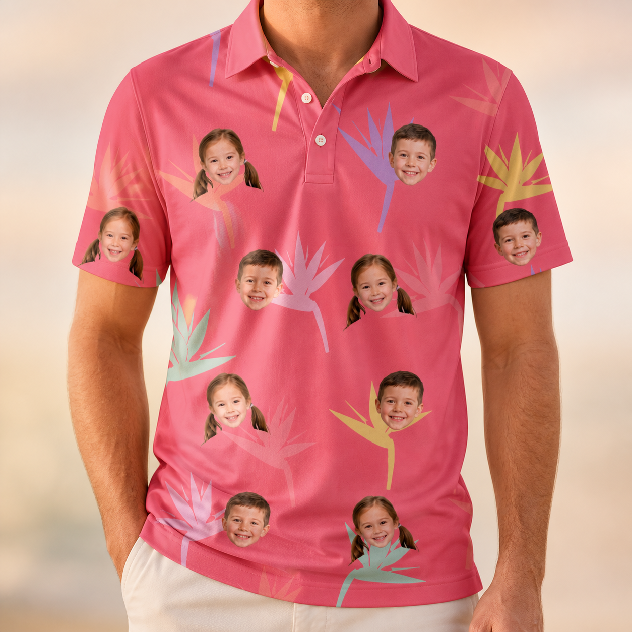 Model wearing Men's Paradise Punch Custom Face Polo Shirt printed with kids' faces