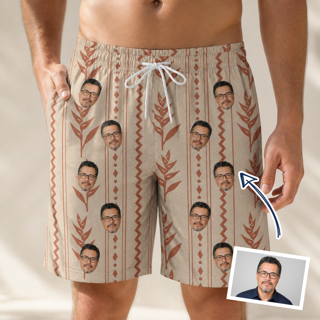 Man wearing Men's Torch Blossoms Custom Face Beach Shorts — custom faces printed all-over