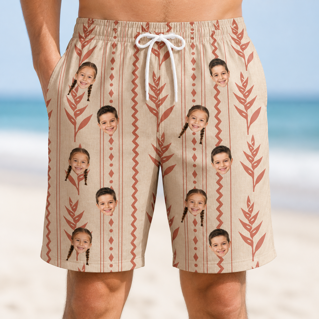 Model wearing Men's Torch Blossoms Custom Face Beach Shorts printed with kids' faces