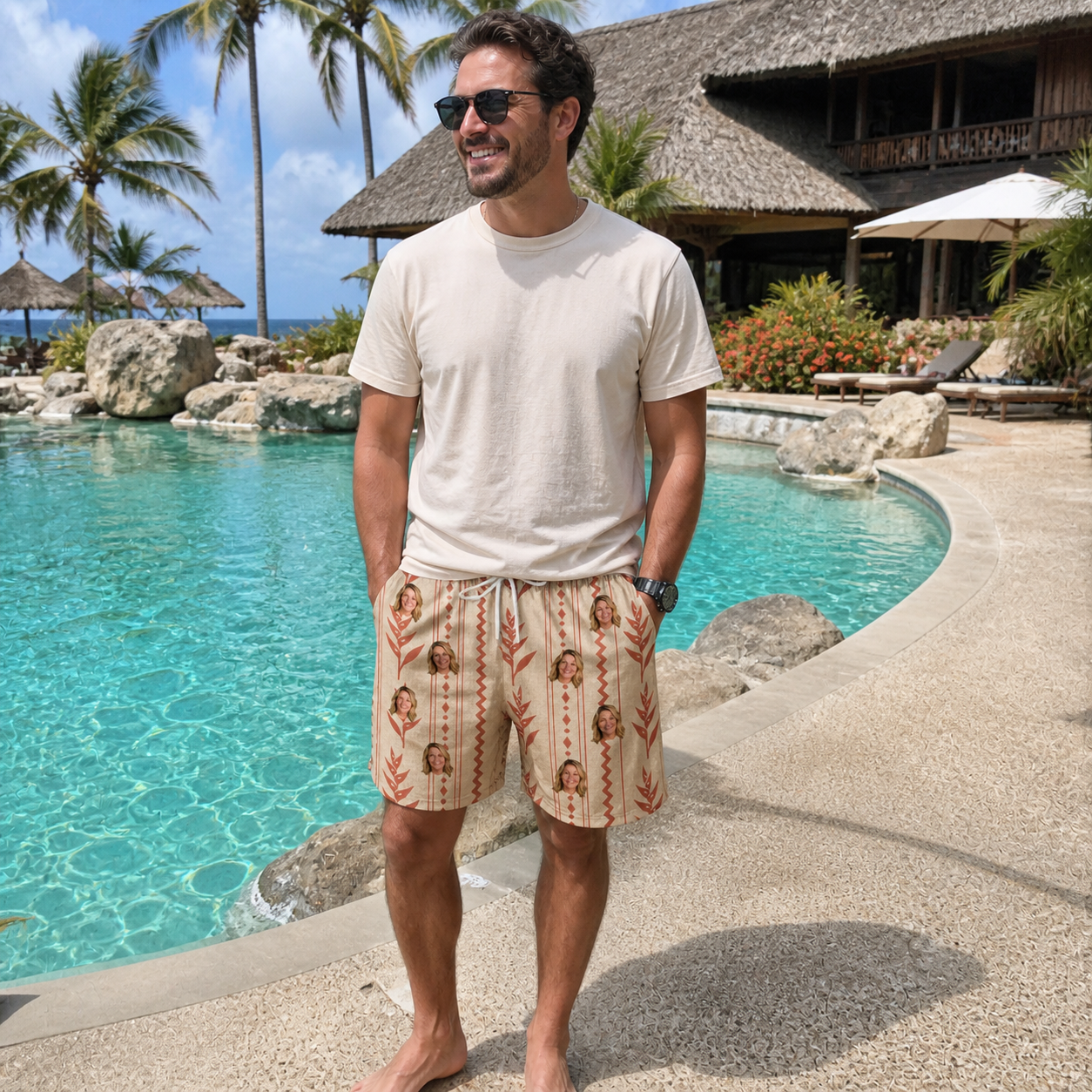 Real-life photo of someone wearing Men's Torch Blossoms Custom Face Beach Shorts — custom faces printed all-over