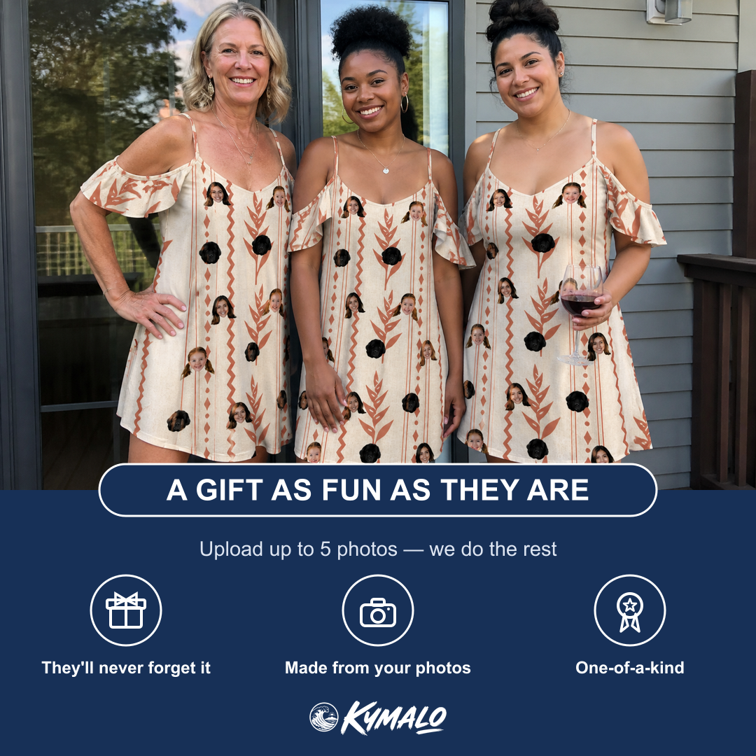 Friends in matching Women's Torch Blossoms Custom Face Off-Shoulder Dress — a group gift photo