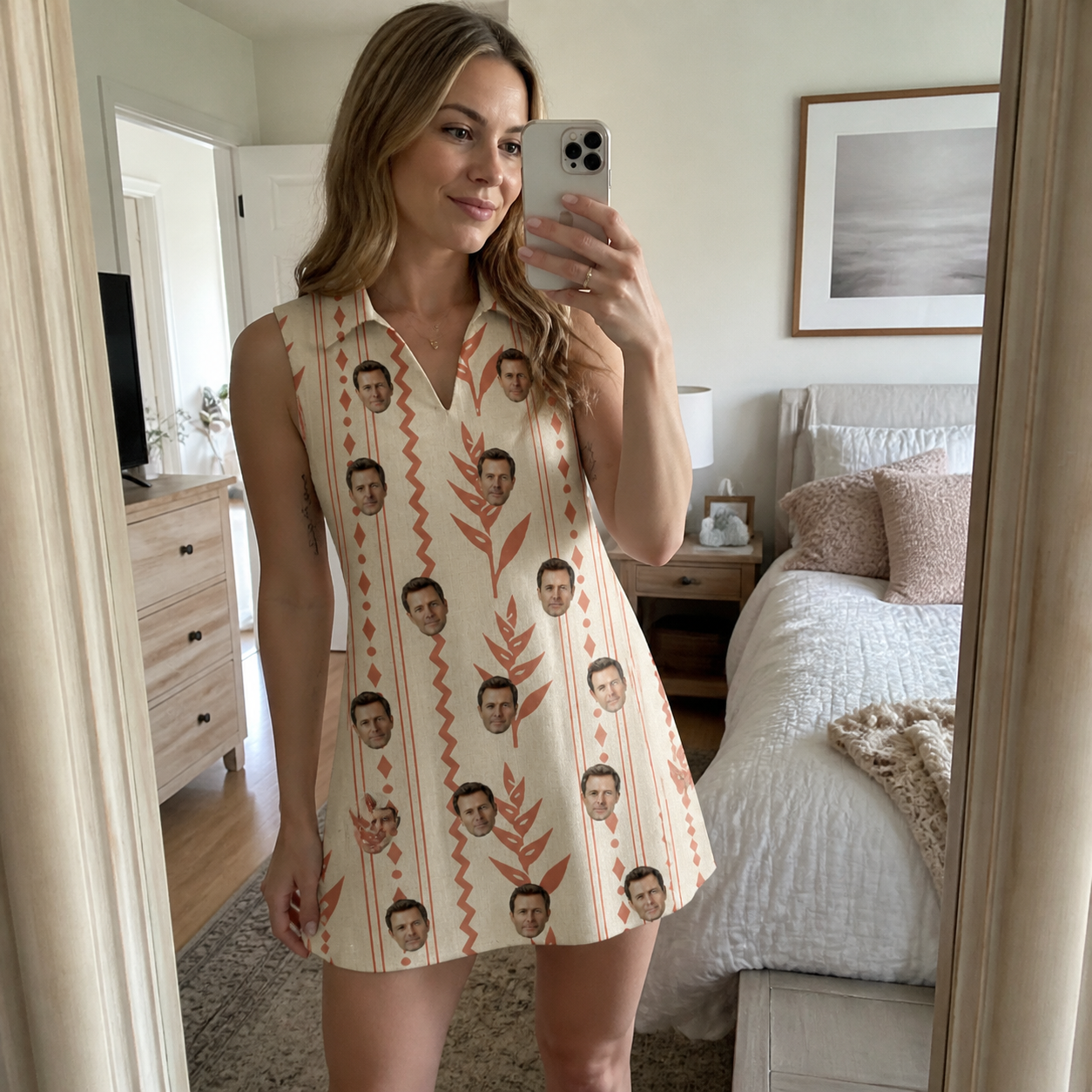 Real-life photo of someone wearing Women's Torch Blossoms Custom Face V-Neck Dress — custom faces printed all-over