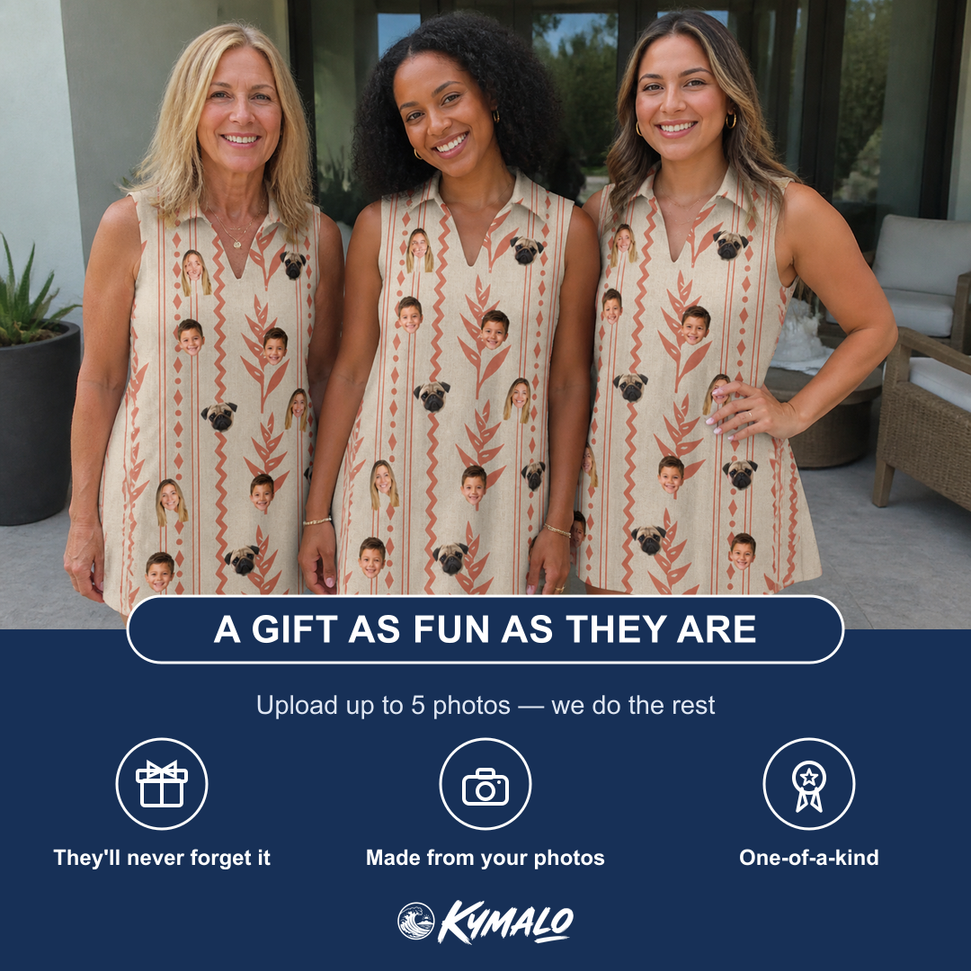 Friends in matching Women's Torch Blossoms Custom Face V-Neck Dress — a group gift photo