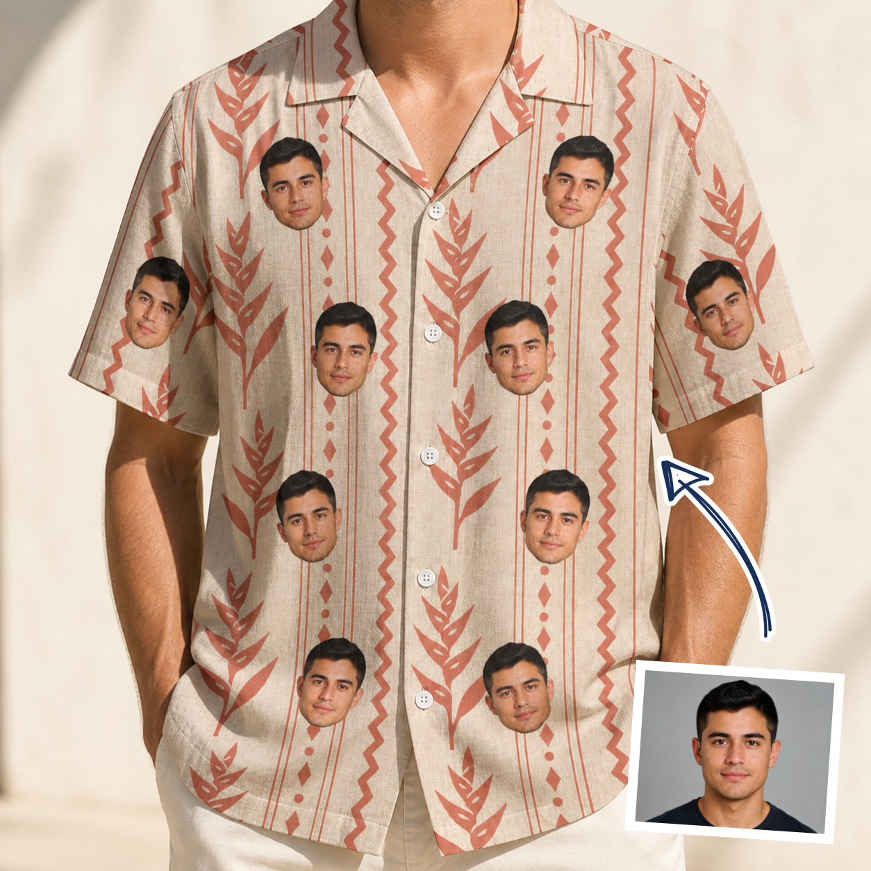 Man wearing Men's Torch Blossoms Custom Face Hawaiian Shirt — custom faces printed all-over
