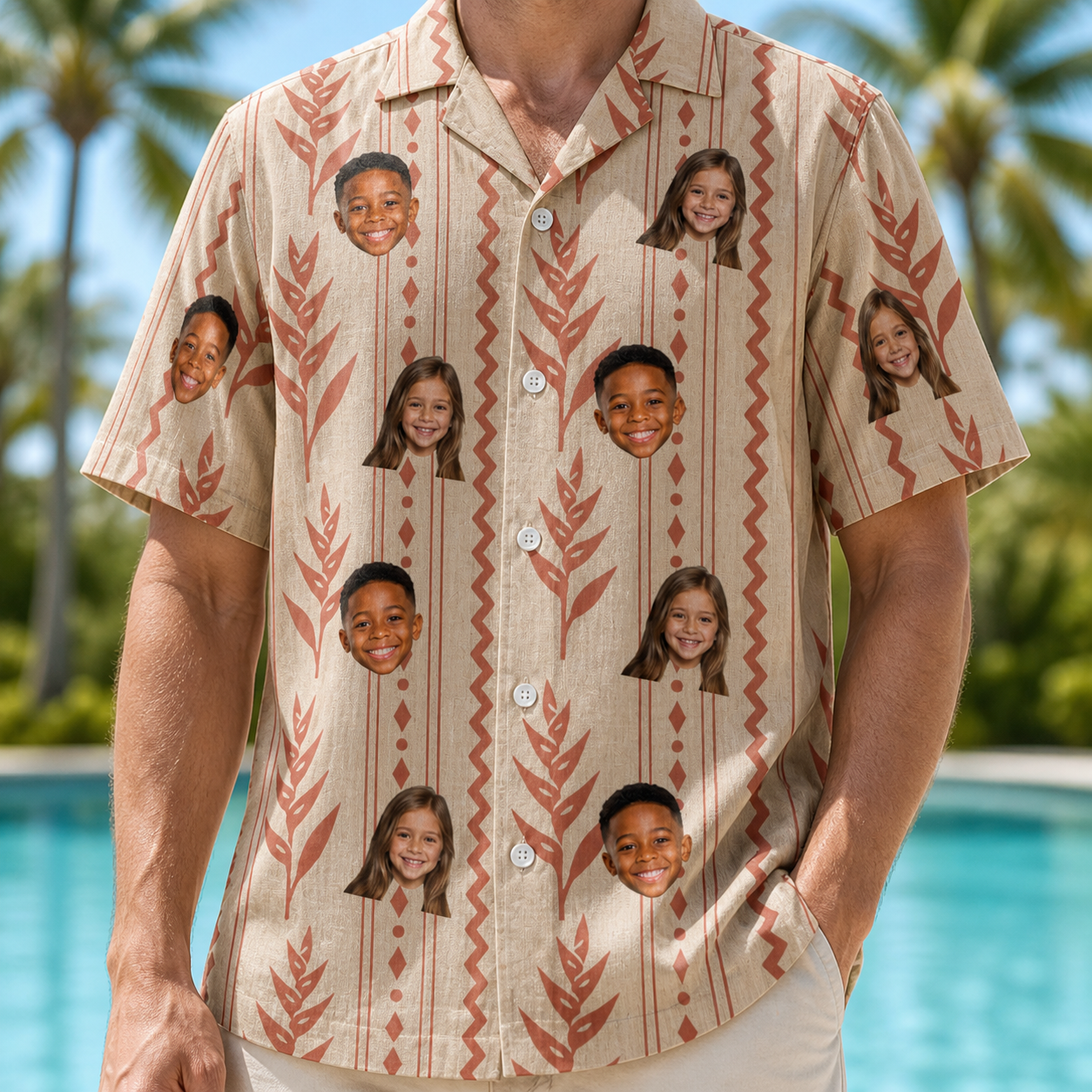 Model wearing Men's Torch Blossoms Custom Face Hawaiian Shirt printed with kids' faces