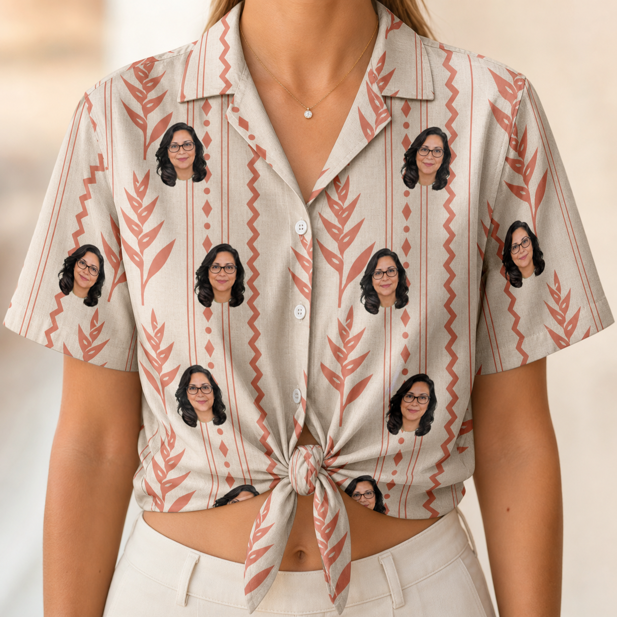 Woman wearing Women's Torch Blossoms Custom Face Hawaiian Shirt tied at the waist