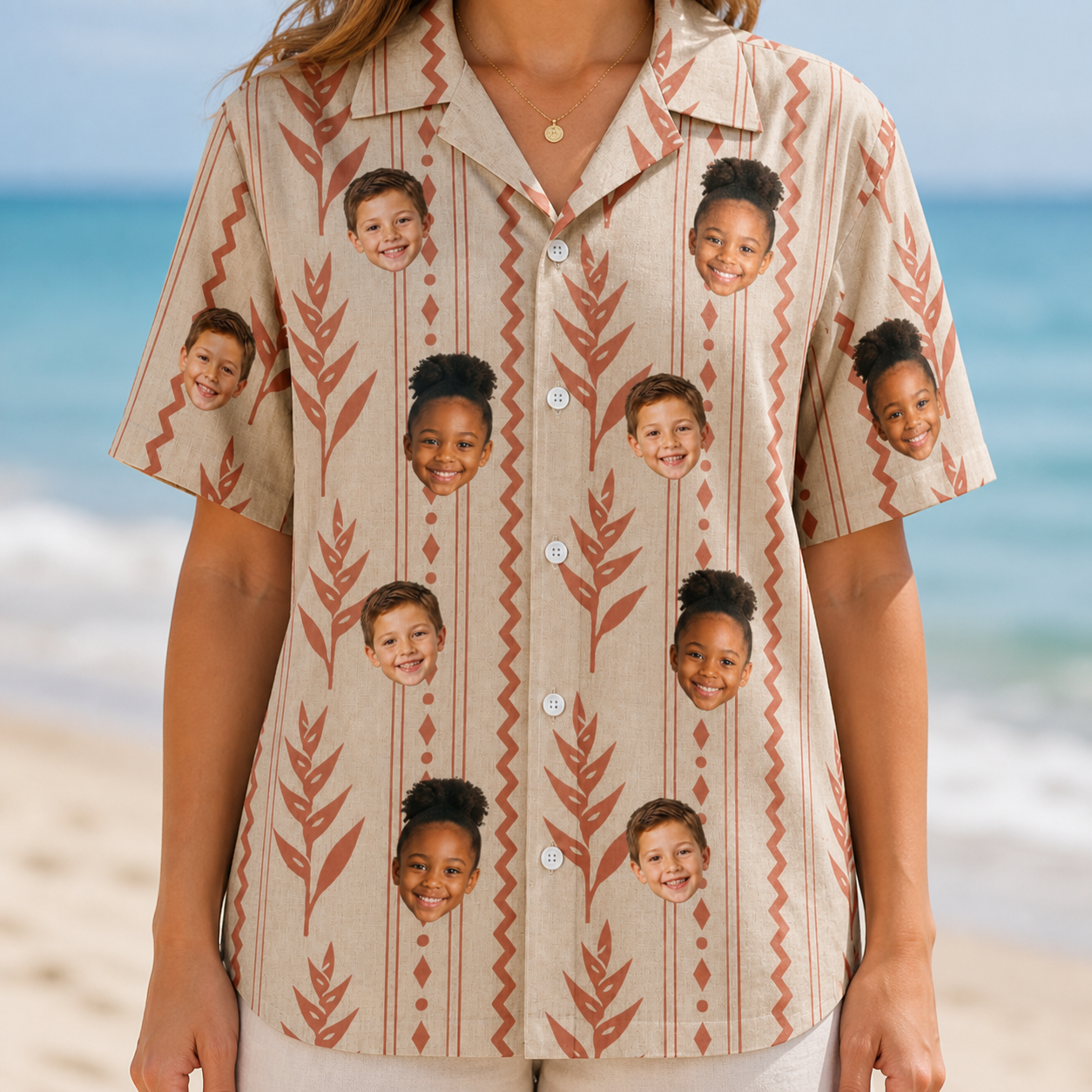 Model wearing Women's Torch Blossoms Custom Face Hawaiian Shirt printed with kids' faces