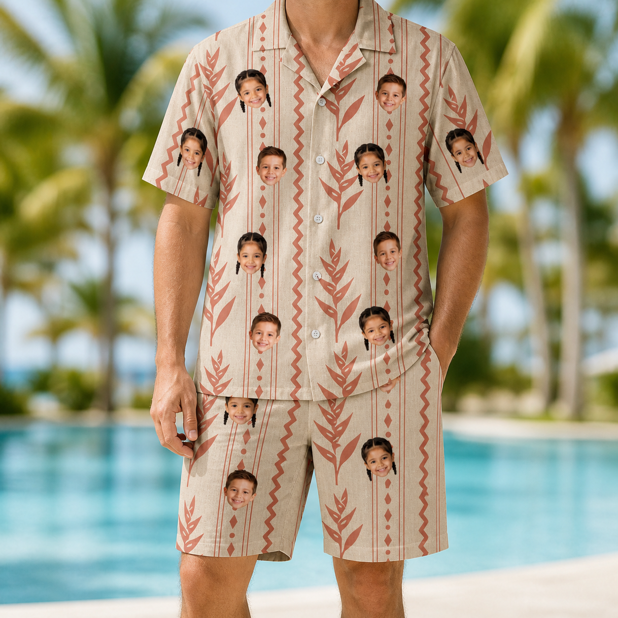 Model wearing Men's Torch Blossoms Custom Face Shirt & Shorts Set printed with kids' faces