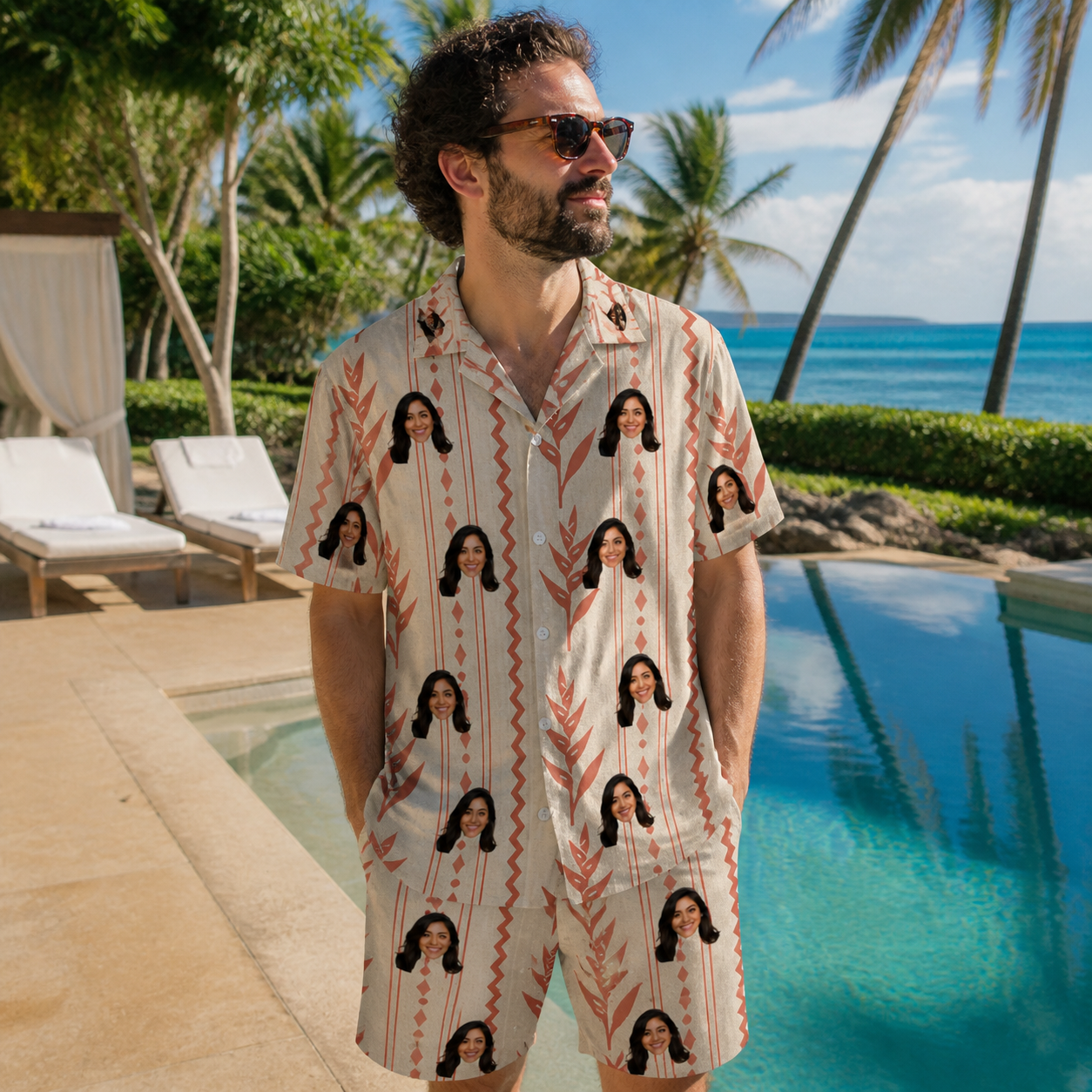 Real-life photo of someone wearing Men's Torch Blossoms Custom Face Shirt & Shorts Set — custom faces printed all-over