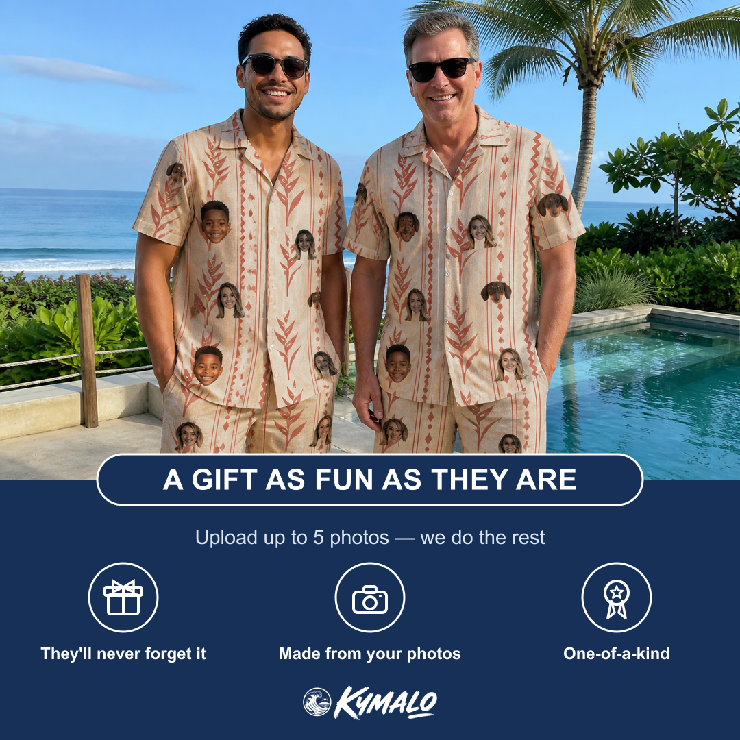 Friends in matching Men's Torch Blossoms Custom Face Shirt & Shorts Set — a group gift photo