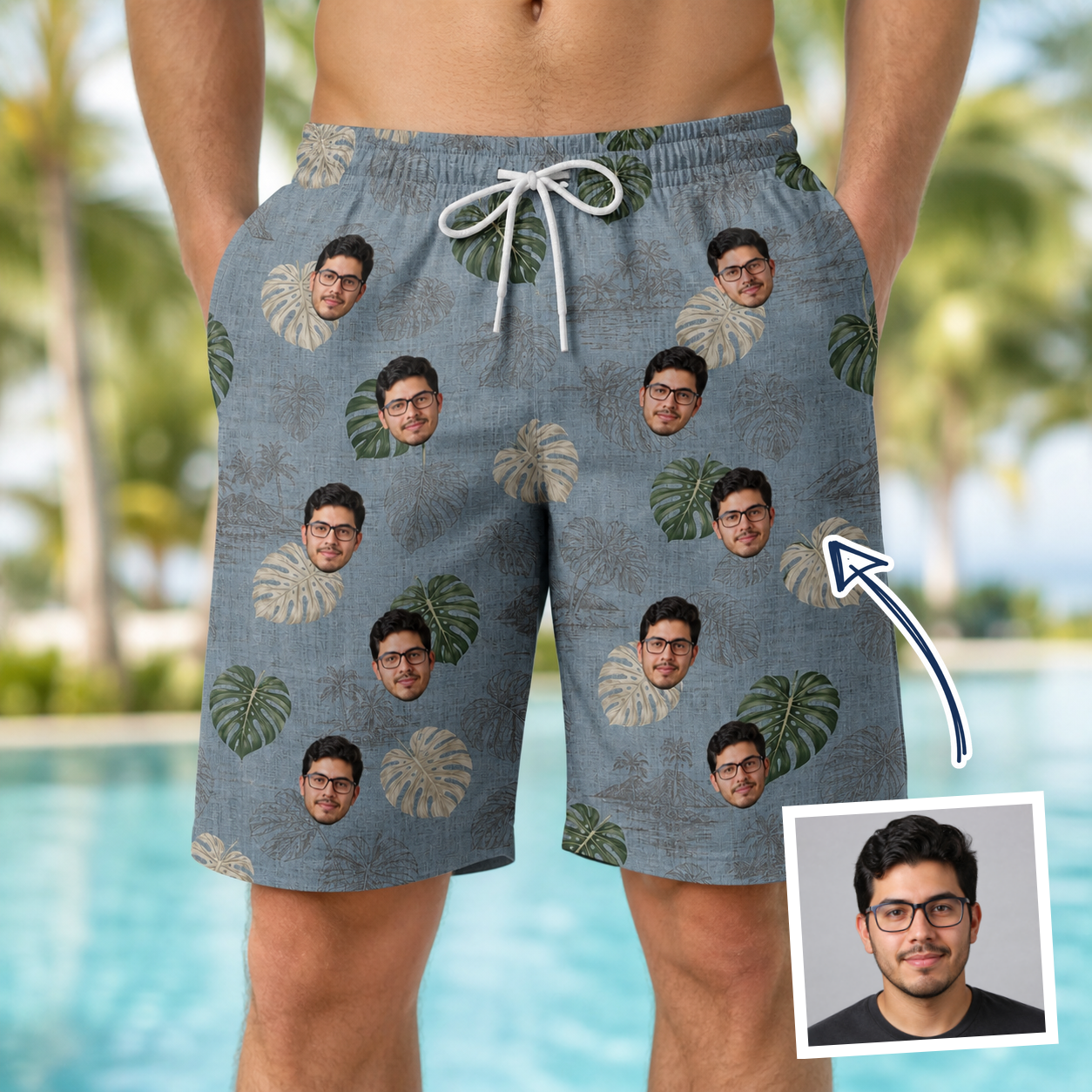 Man wearing Men's Monstera Mingle Custom Face Beach Shorts — custom faces printed all-over