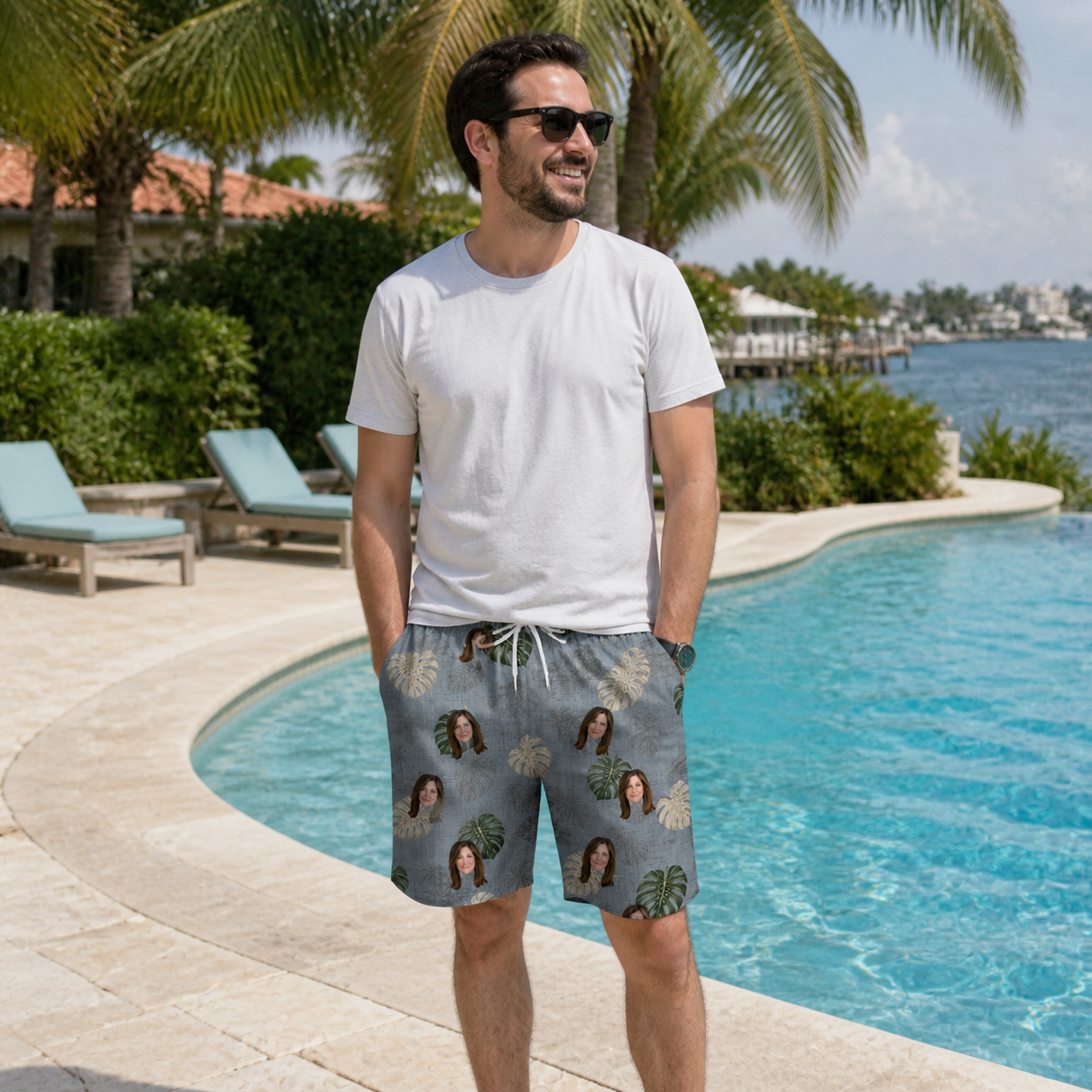 Real-life photo of someone wearing Men's Monstera Mingle Custom Face Beach Shorts — custom faces printed all-over